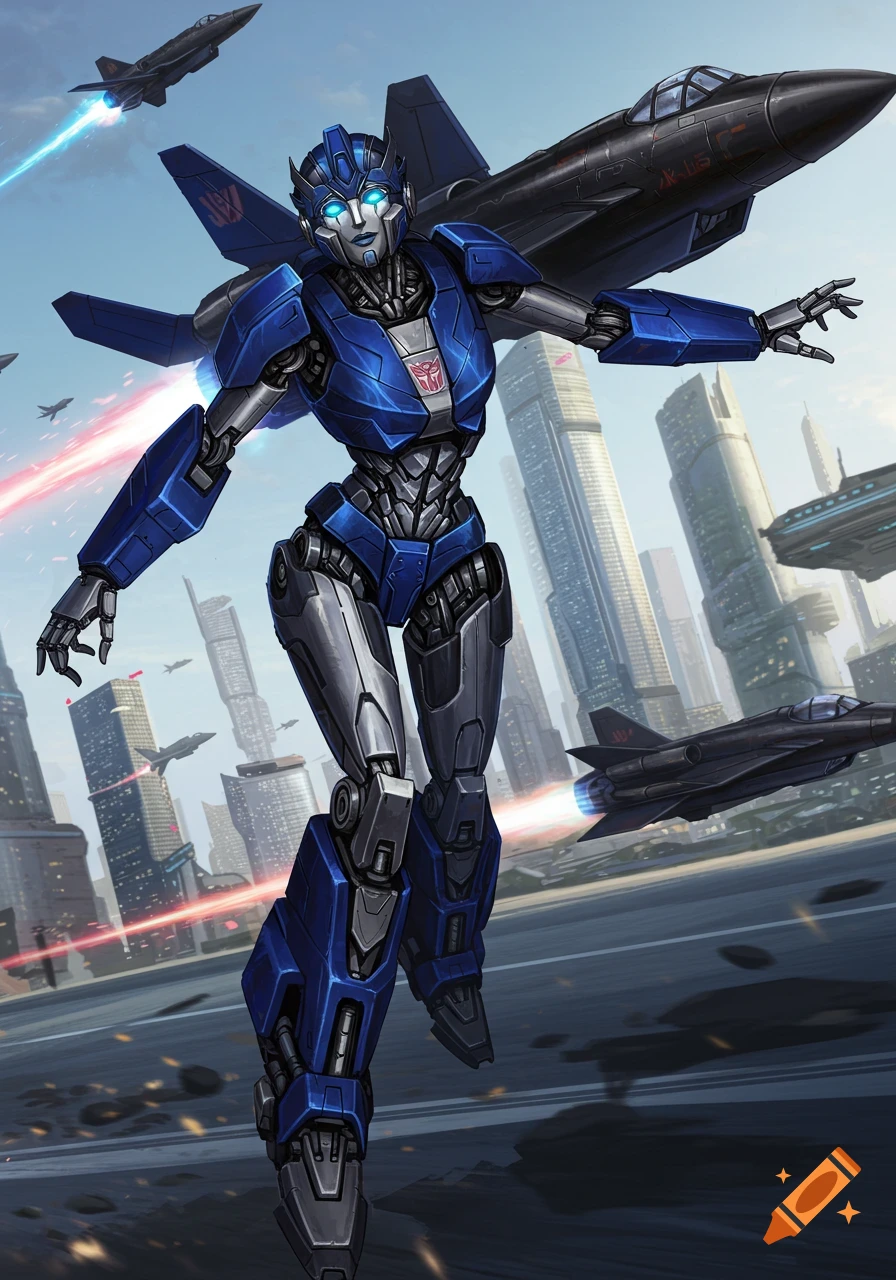 A female blue and grey transformer robot flies in a city with jets.