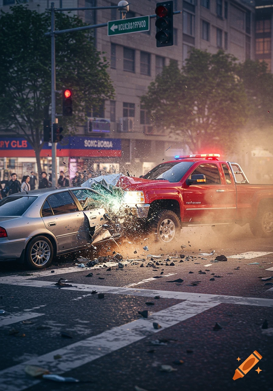 Photorealistic depiction of a car crash between a silver car and a red truck at a city intersection.