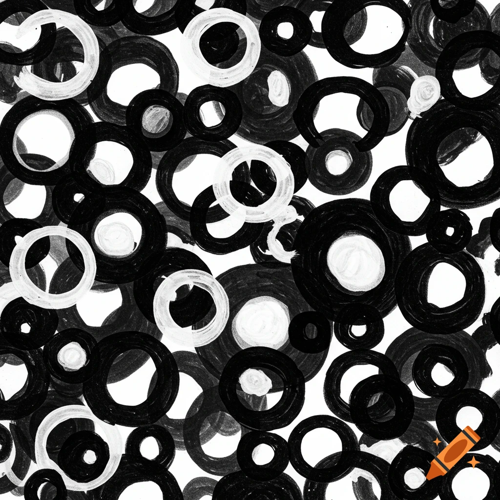 Black and white abstract pattern of overlapping circles and lines.