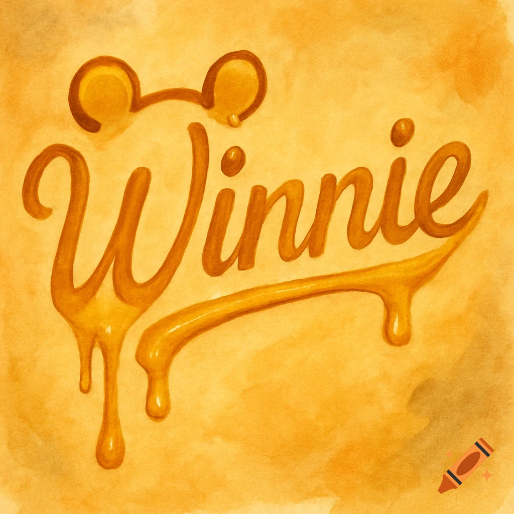 The word 'Winnie' stylized as dripping honey with bear ears above on a yellow watercolor background.