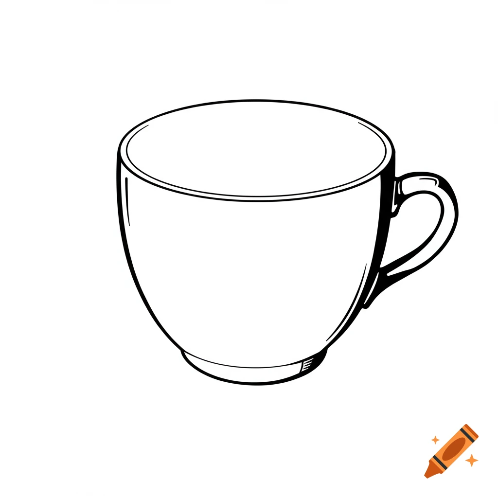 Black and white outline drawing of a tea cup.