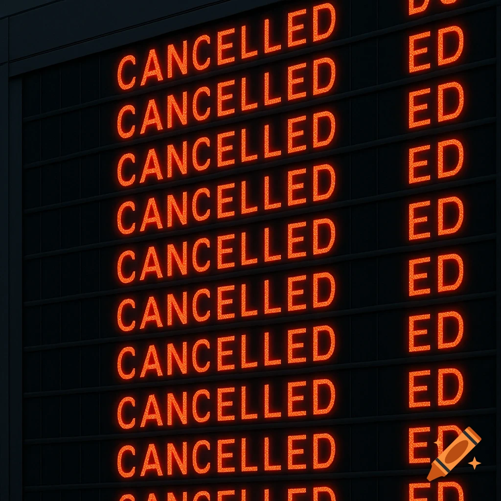 An airport departure board displays multiple lines of bright orange text reading CANCELLED ED.