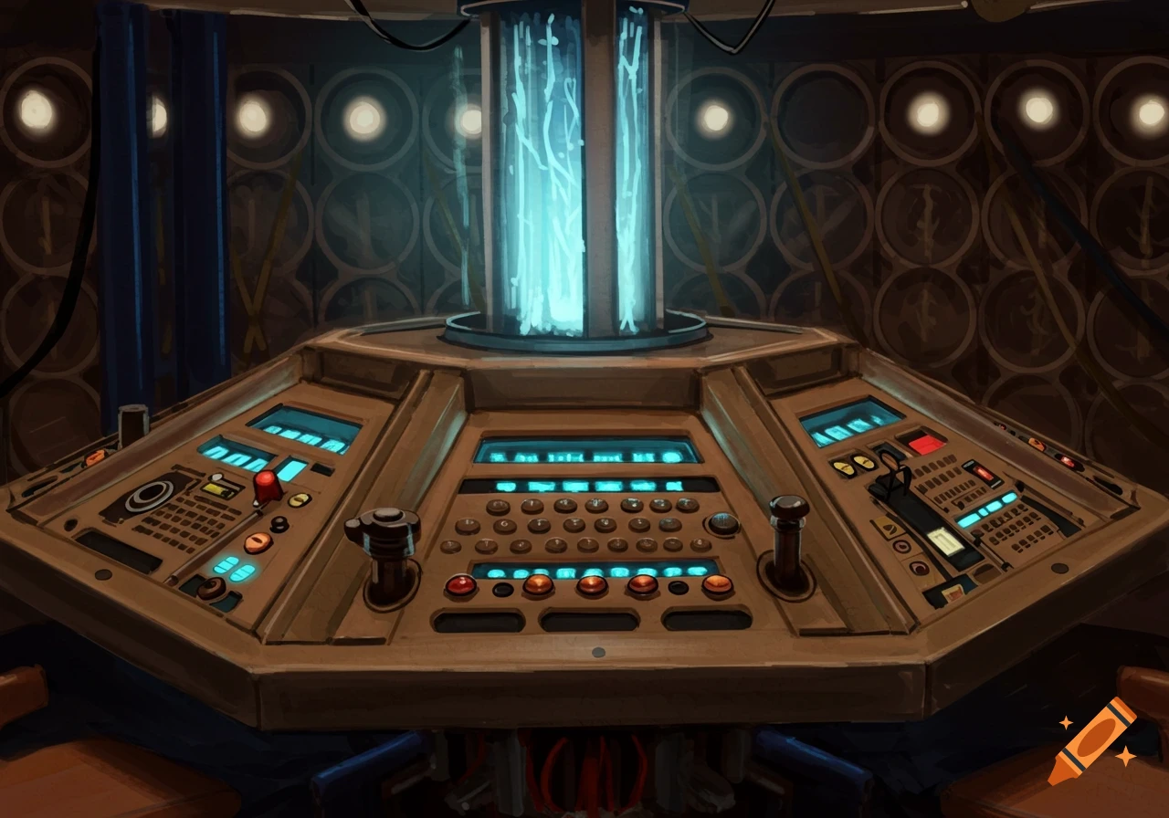 Digital painting of the Doctor Who TARDIS console room with the central glowing column and control panel.