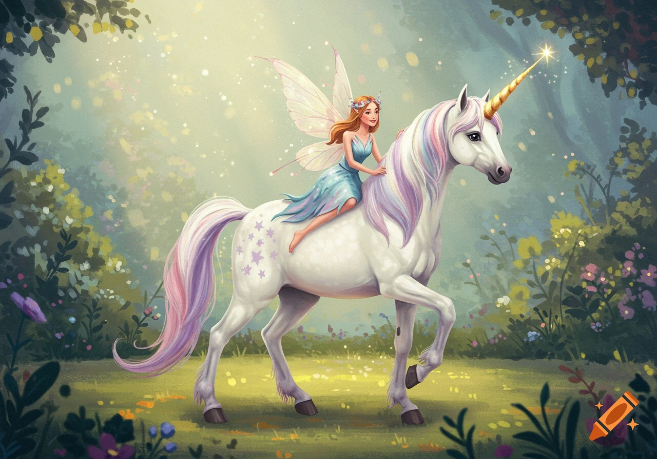 A fairy with wings rides a white unicorn with a gold horn through a forest clearing.