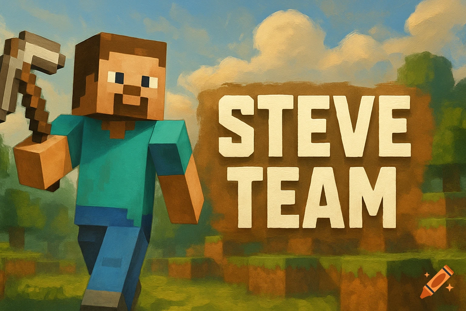 Minecraft character Steve holding a pickaxe next to large white text that reads 'STEVE TEAM' in a painted style.