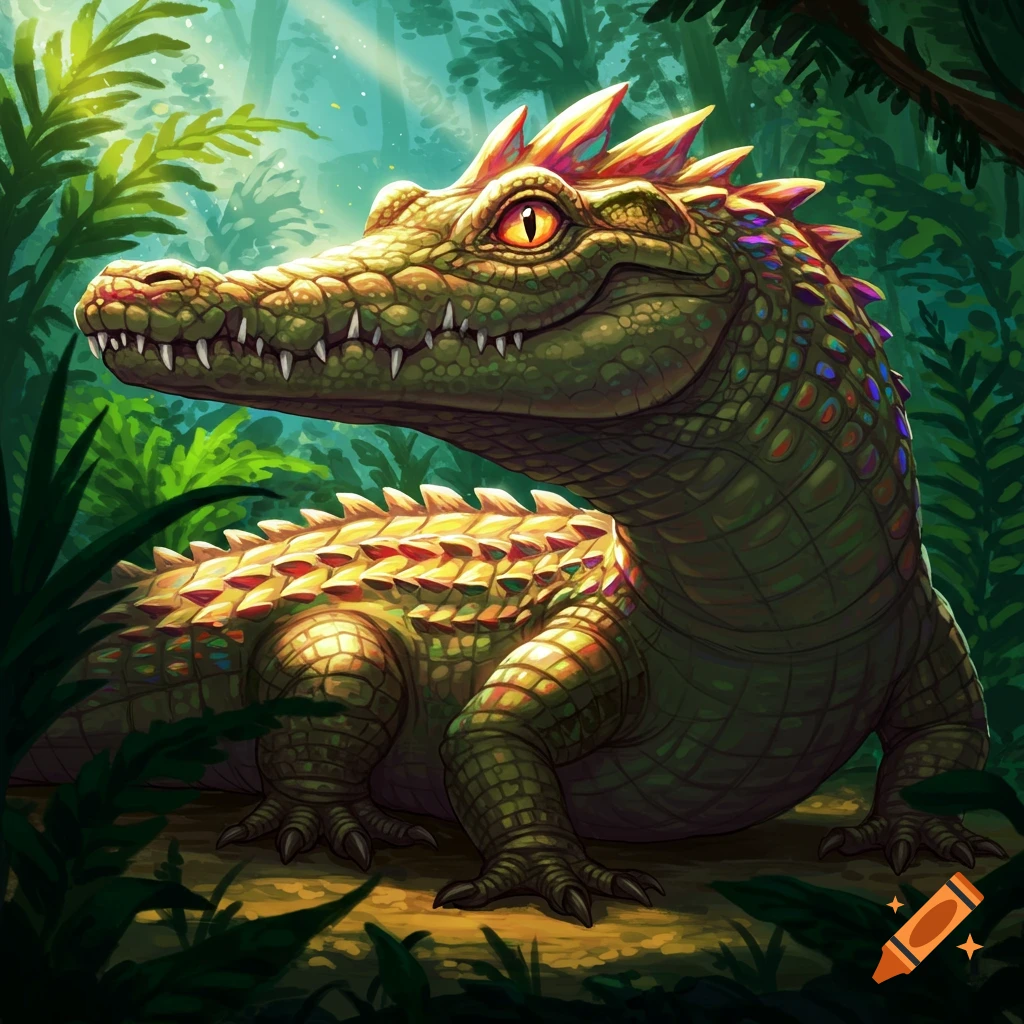 A stylized alligator with colorful scales sits in a sun-dappled jungle.