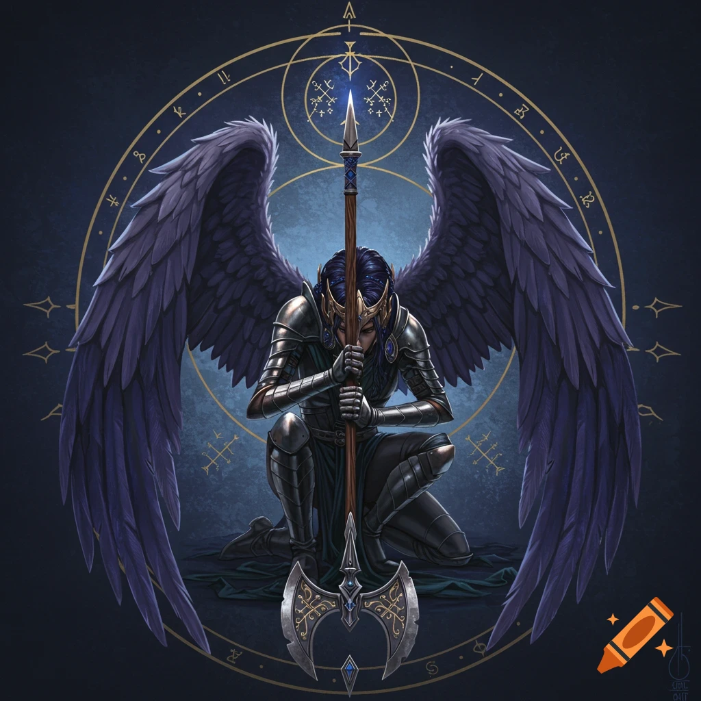 A kneeling winged warrior in dark armor holds an axe, surrounded by golden mystic symbols in a tattoo style.