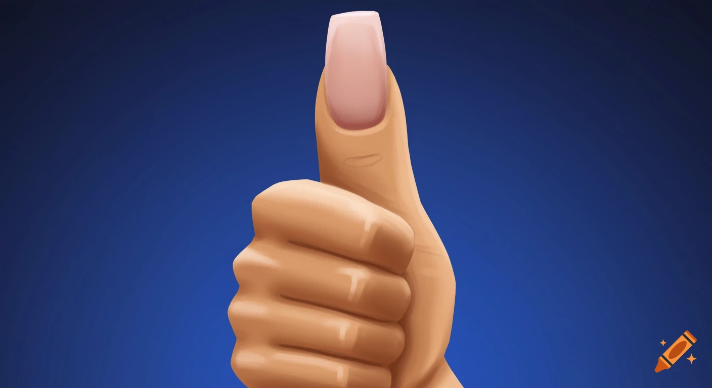 Stylized illustration of a hand with a long nail giving a thumbs up on a blue background.