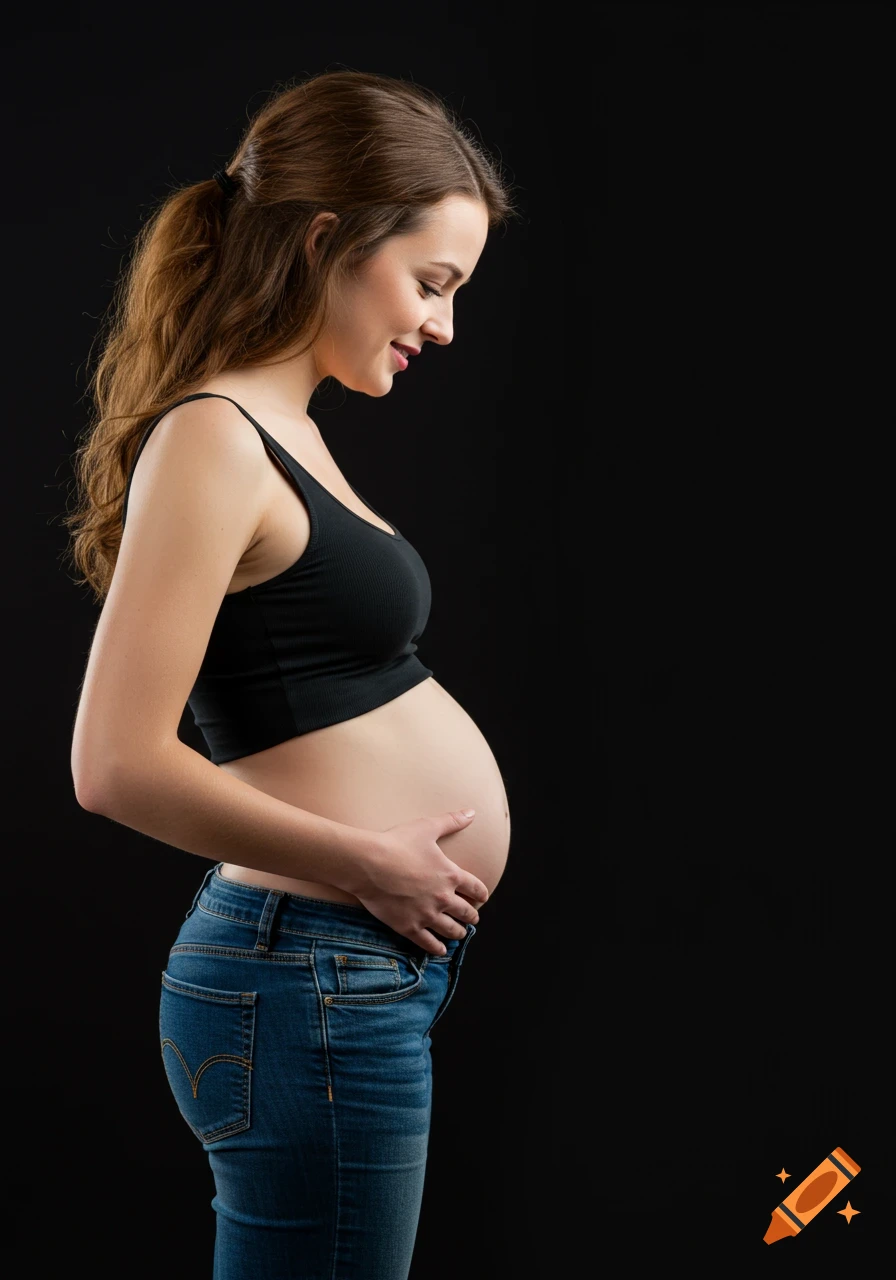 Photorealistic studio portrait of a pregnant woman in profile looking down at her belly