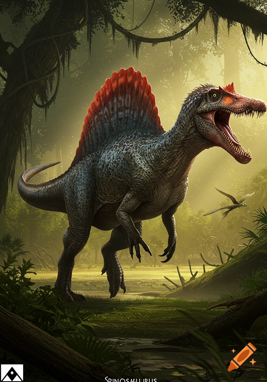 A Spinosaurus dinosaur stands in a lush jungle environment.