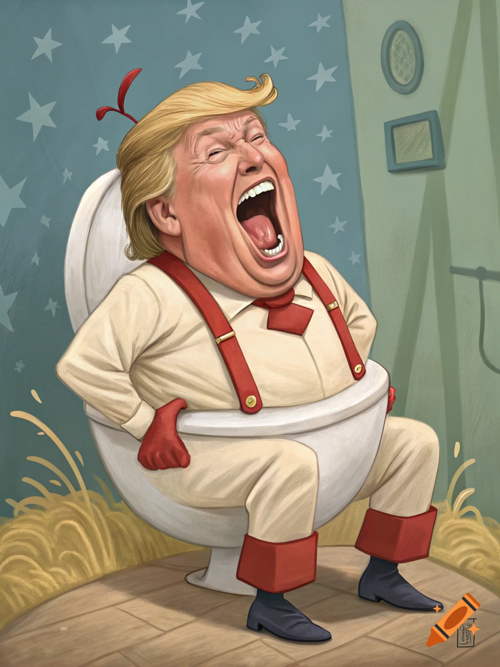 Caricature illustration of Donald Trump laughing on a toilet
