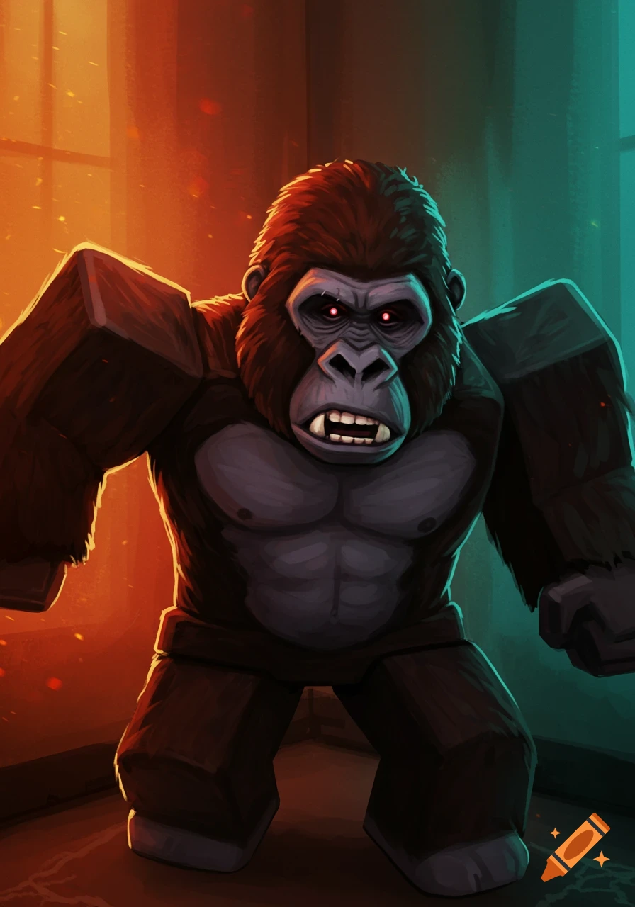 A stylized, blocky gorilla character with red eyes.