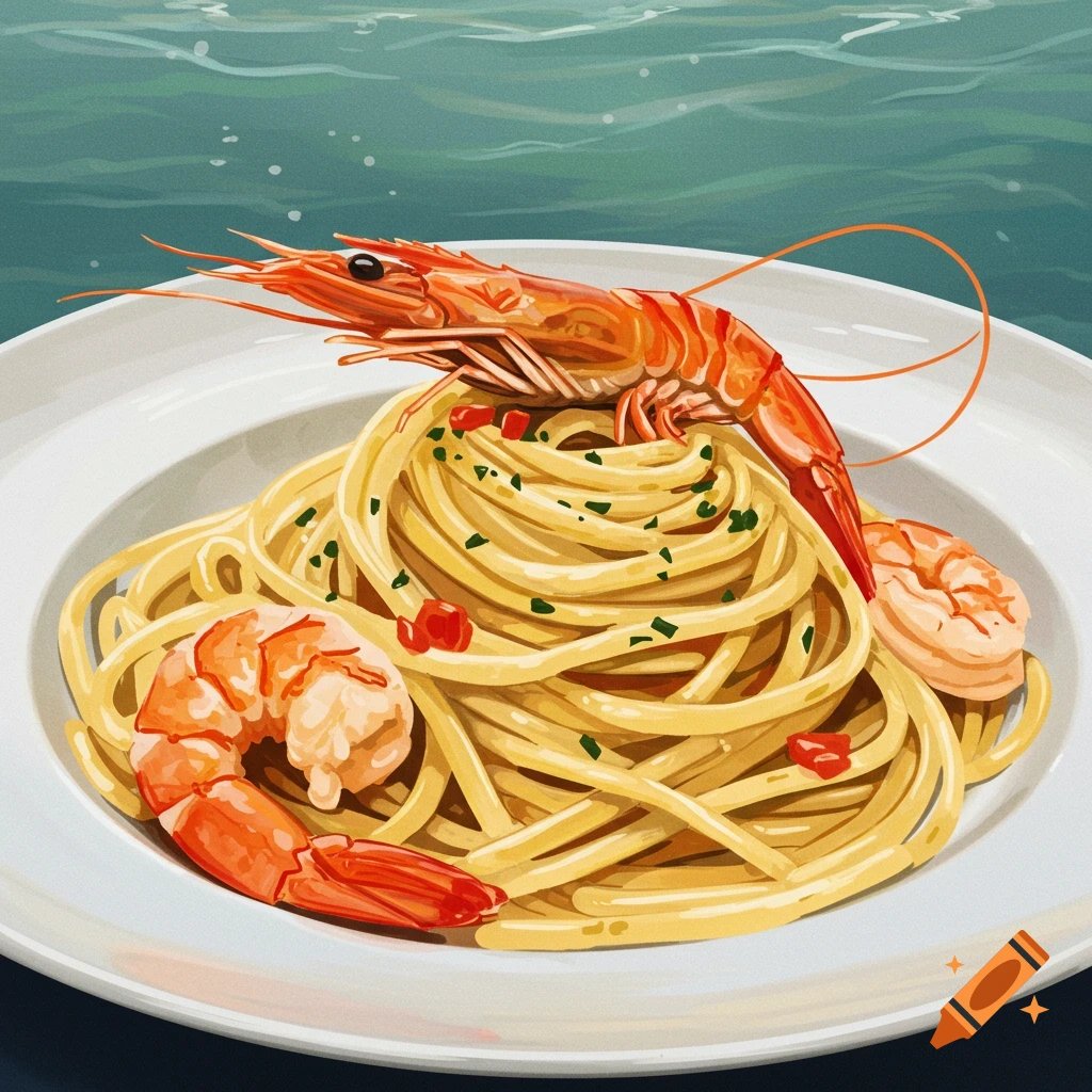 Illustration of spaghetti with a large prawn on top and shrimp tails on a white plate against a teal background.