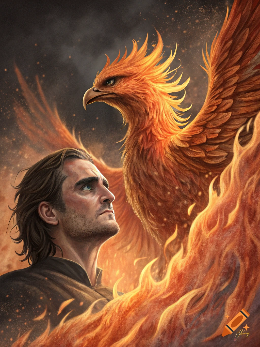 A man looks up at a majestic phoenix rising from dramatic flames. on ...