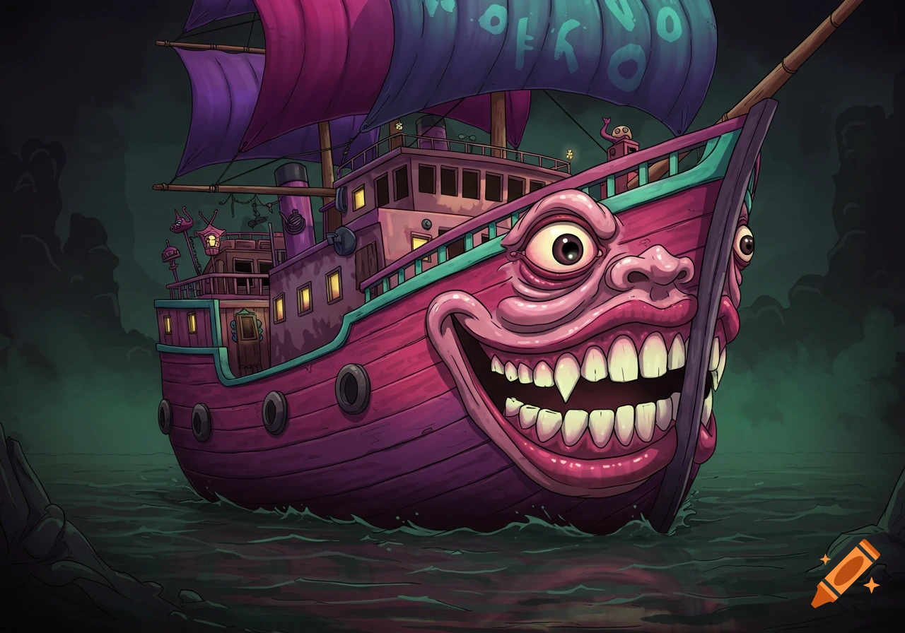 A creepy cartoon ship with a large face on the bow floats on dark water.