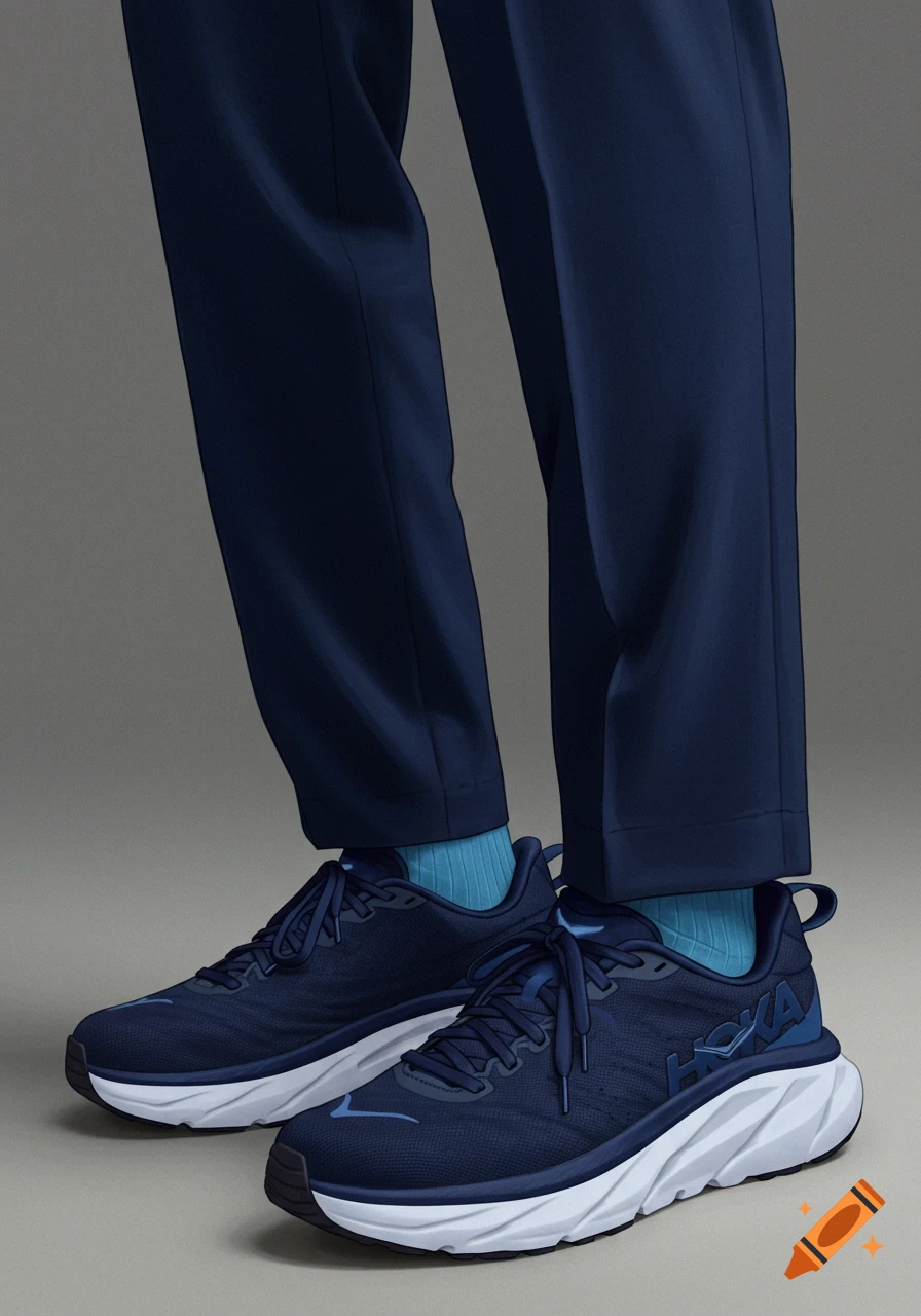 Close-up of a person wearing navy blue Hoka running shoes with white soles and navy blue pants.