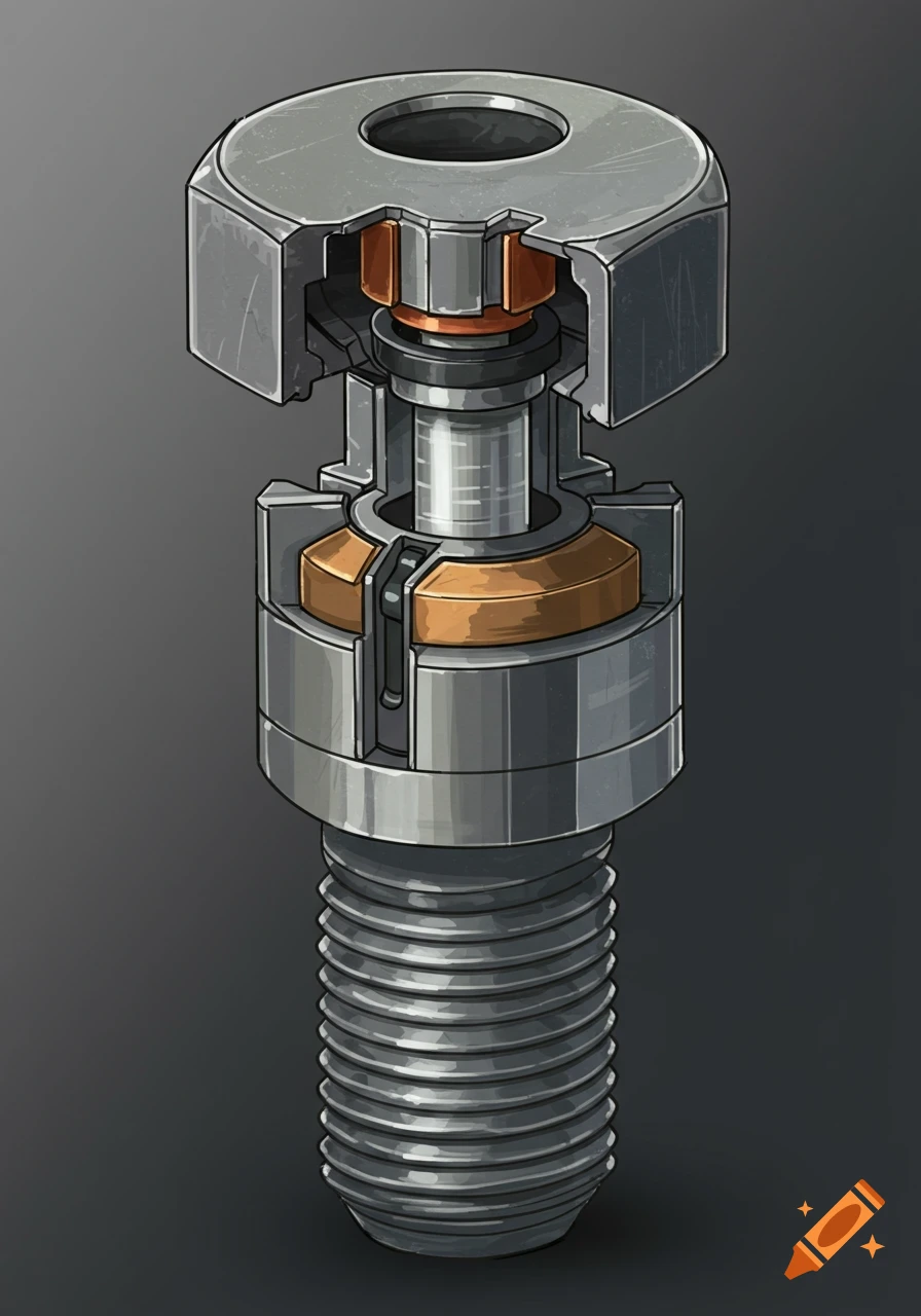 Technical illustration cross-section of a self-sealing stem bolt
