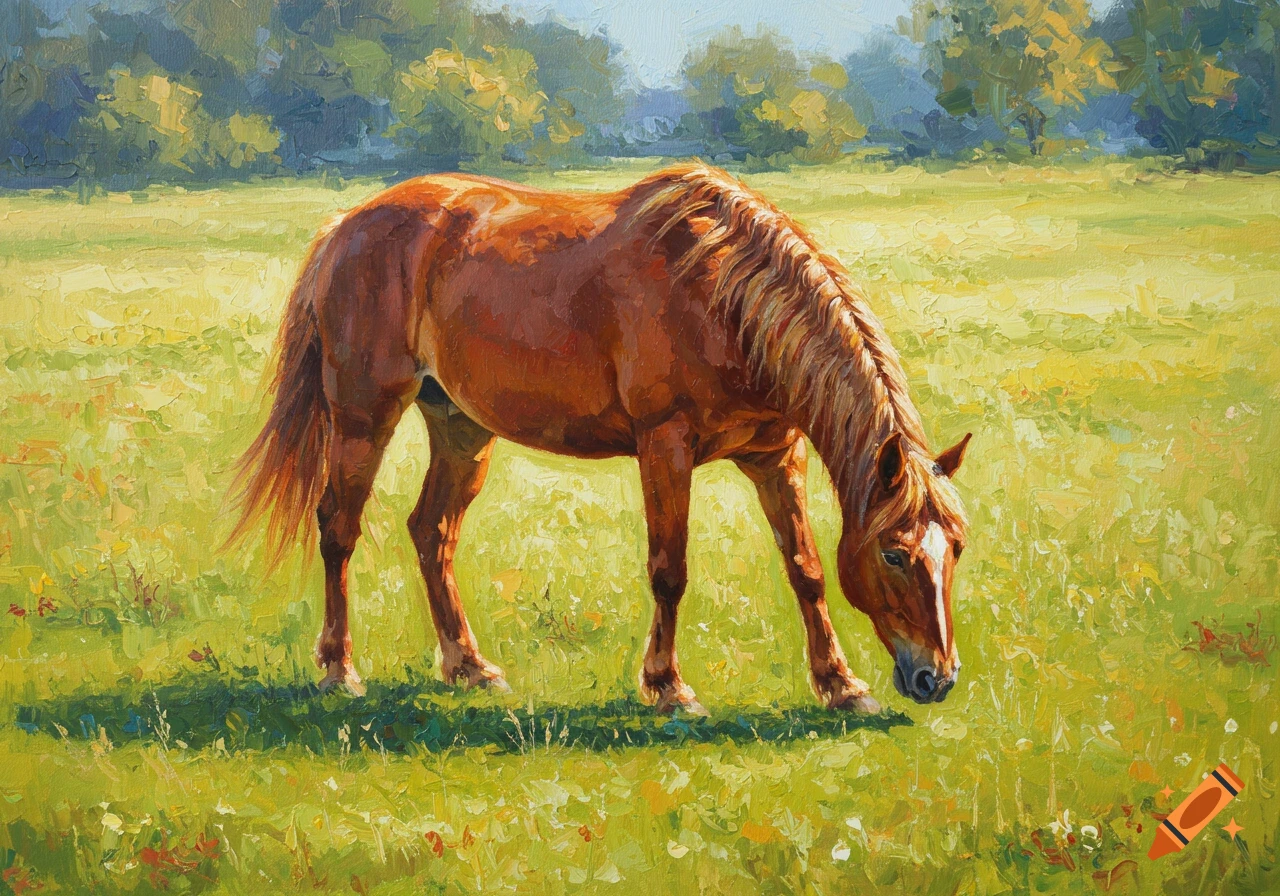 Impressionist painting of a brown horse grazing in a green field.