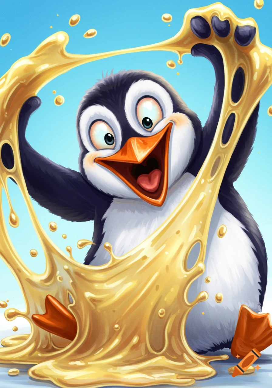 Cartoon penguin covered in yellow slime with a huge grin.