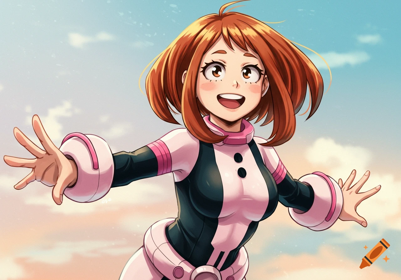 Anime drawing of Uravity from MHA reaching out with arms wide in her hero costume.