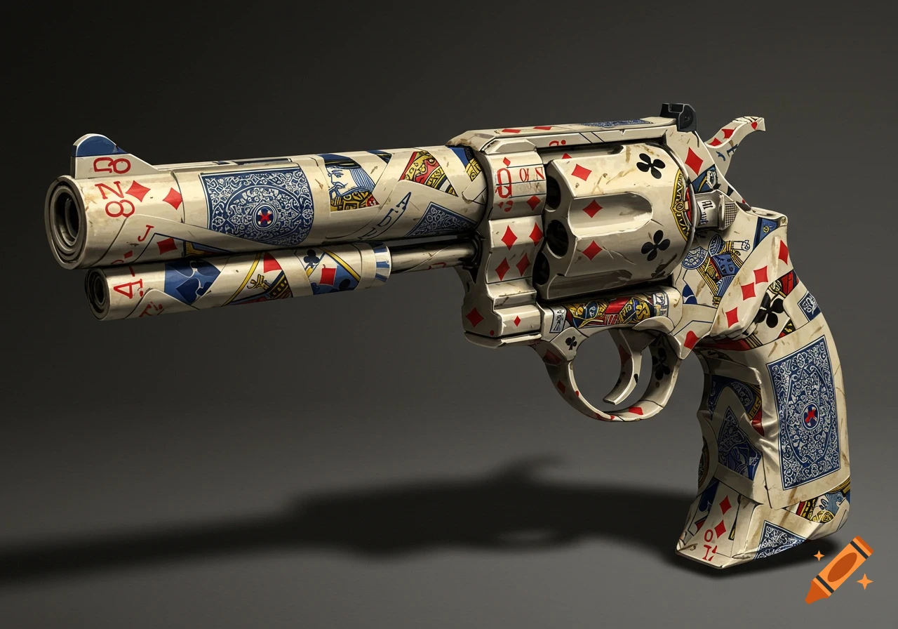 A detailed image of a revolver gun covered in crumpled playing cards against a dark background.