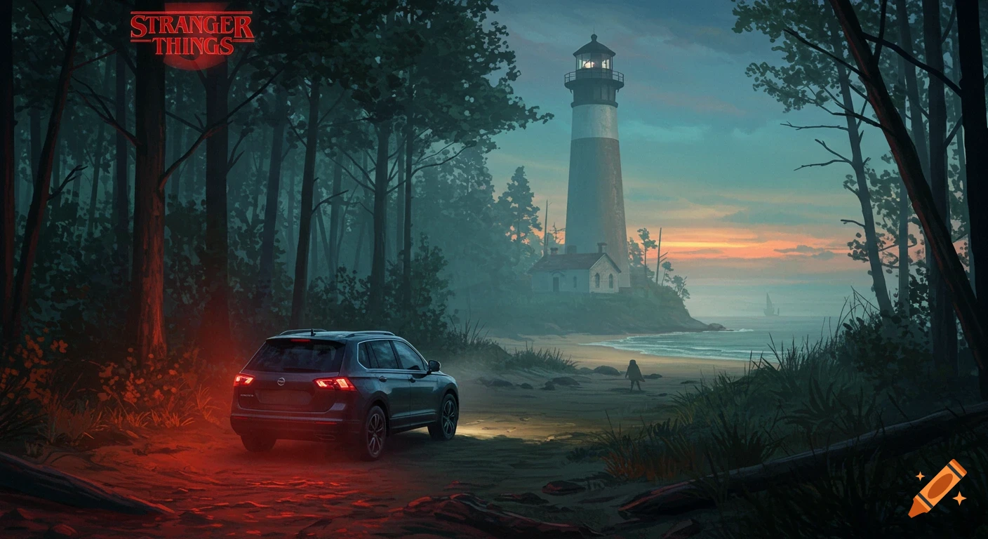 Illustration of a car driving through a forest towards a beach with a lighthouse at sunset, featuring the Stranger Things logo.