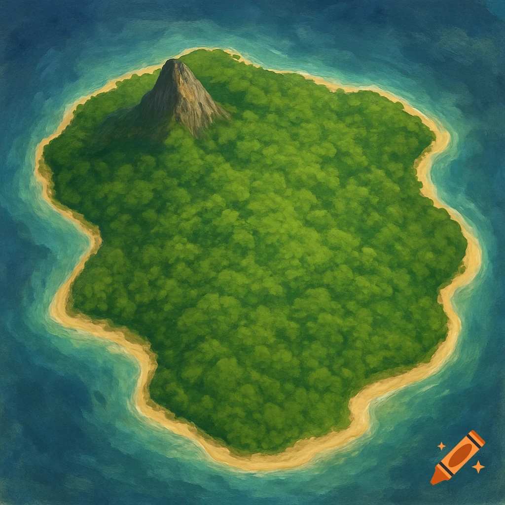 Overhead painted map of a tropical island with forest, beach, and mountain