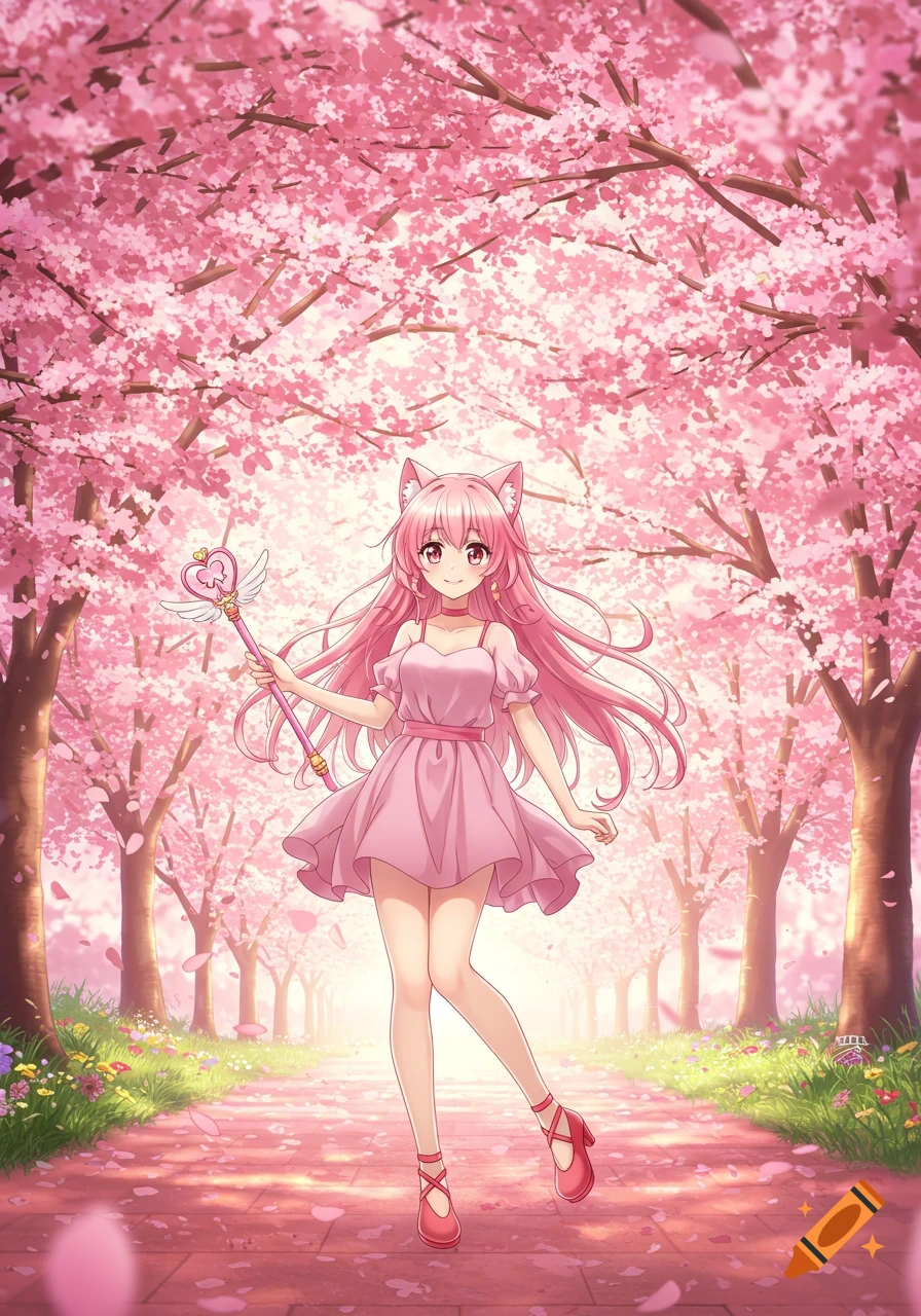 Anime girl with pink hair and cat ears in a pink dress holding a wand under cherry blossoms.