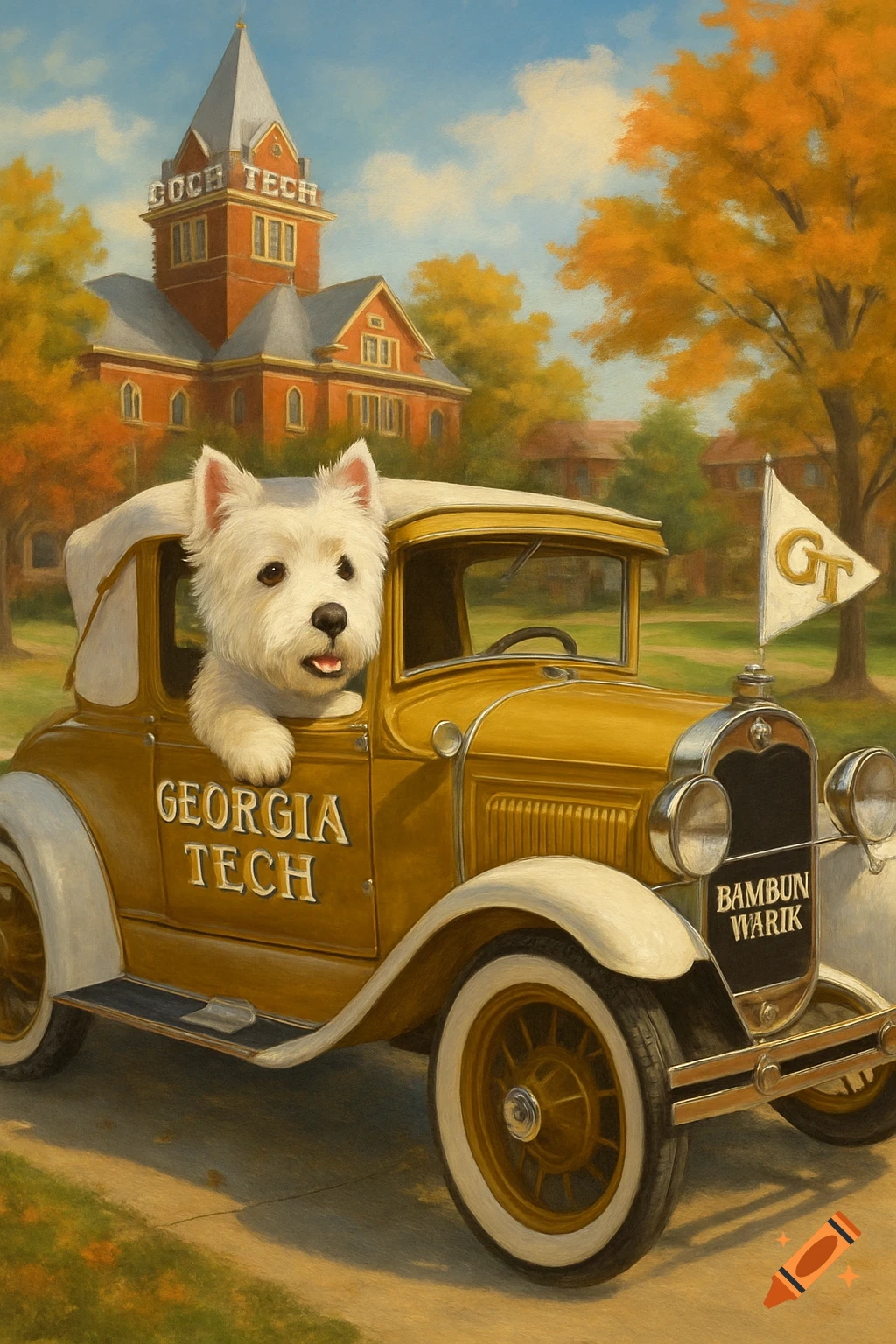 Westie dog rides in a vintage yellow car marked Georgia Tech on a college campus in autumn, painterly style.