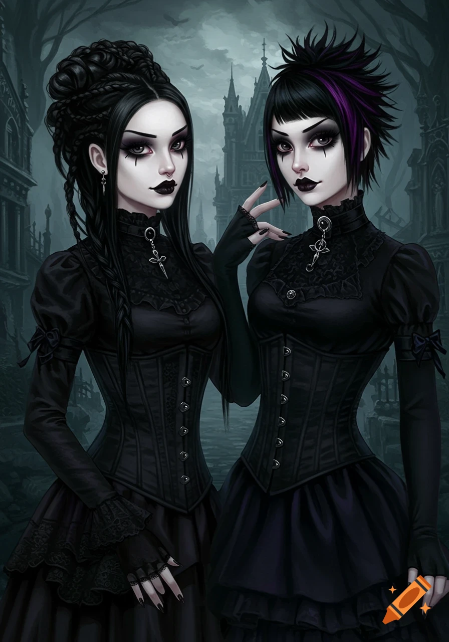 Two gothic women in black dresses stand before a gothic building in this digital illustration.