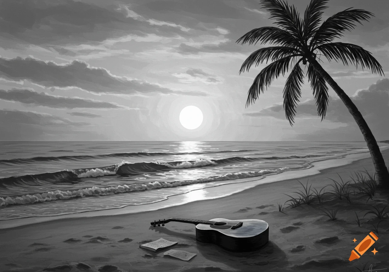 Black and white image of an acoustic guitar and sheet music on a beach at sunrise with a palm tree.