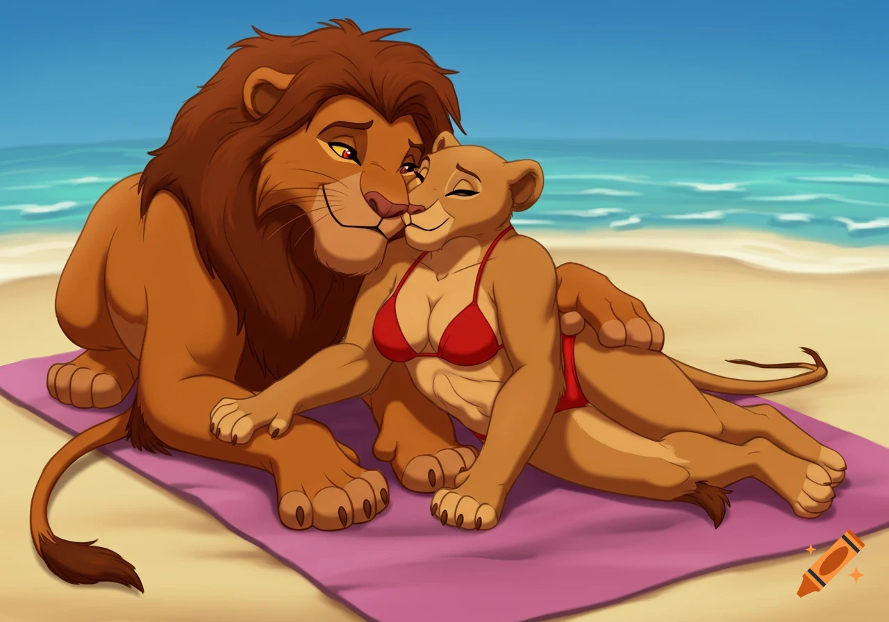 Two anthropomorphic lions cuddling on a beach towel by the ocean.