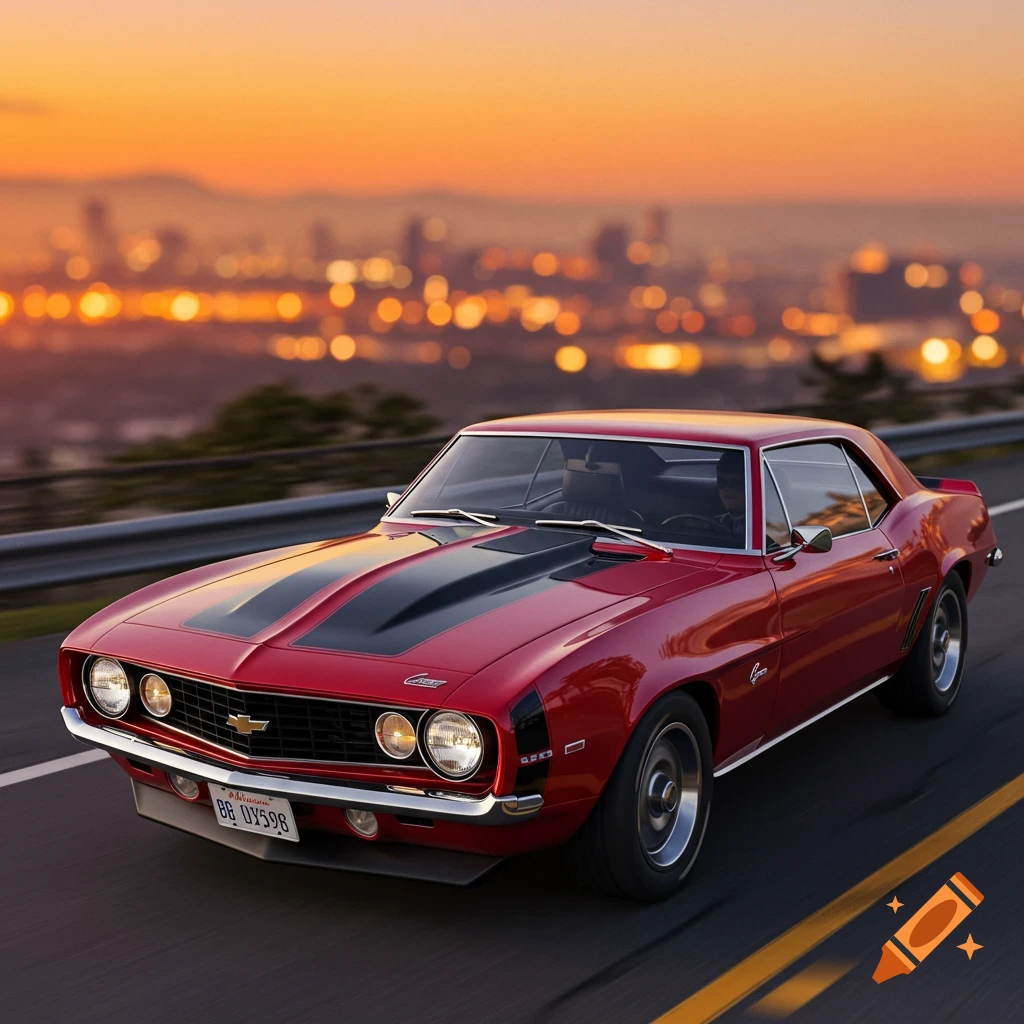 A red classic Camaro drives on a road at sunset with a city skyline in the background