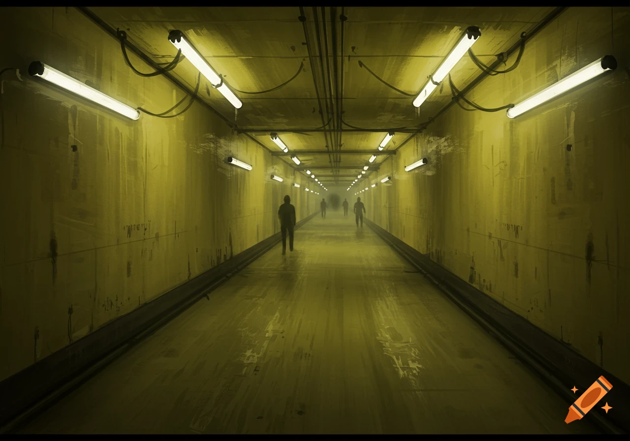 A long, yellow-lit hallway stretches into the distance with silhouetted figures walking away.