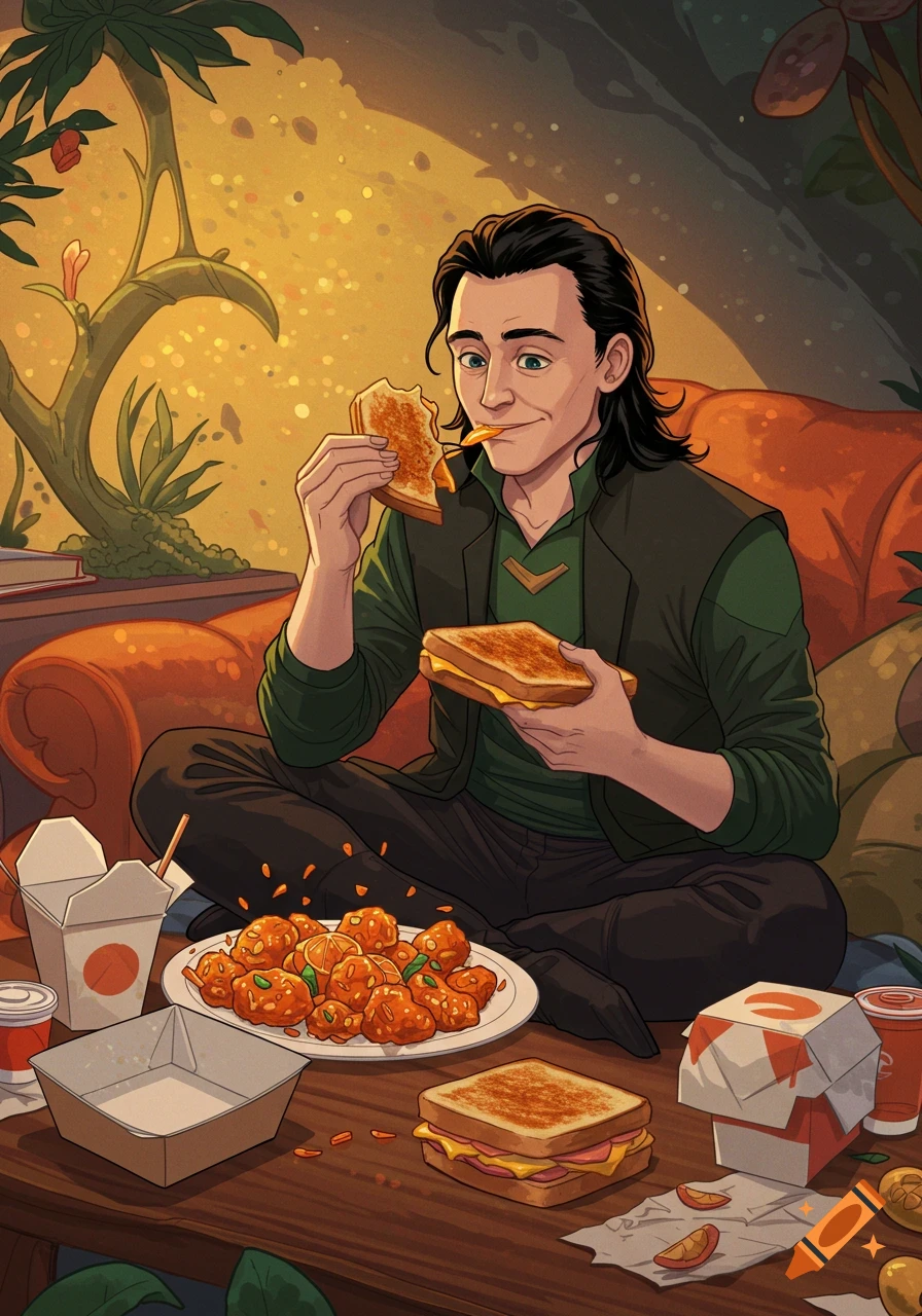Illustration of Loki sitting cross-legged on a couch eating grilled cheese and orange chicken.