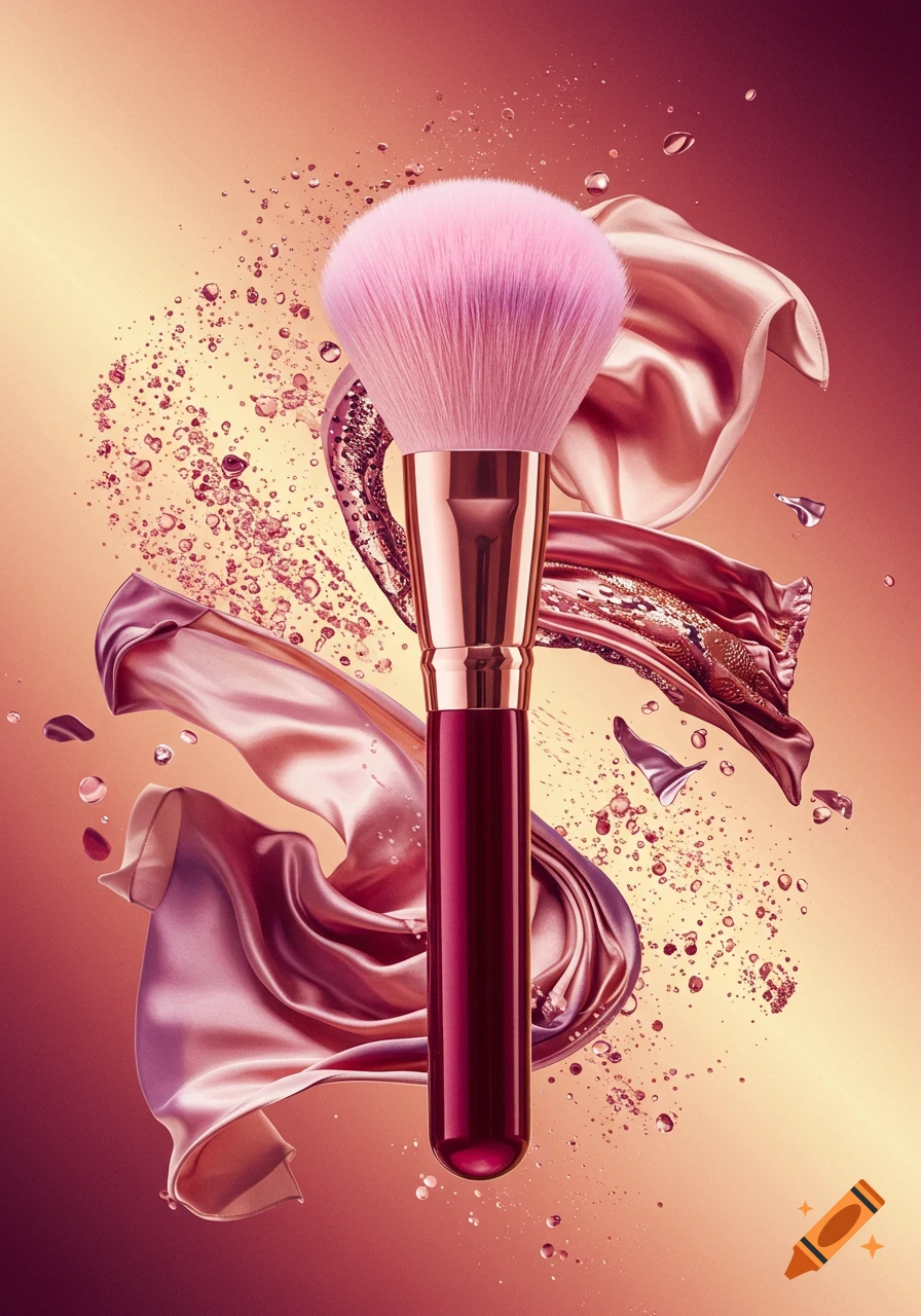 Pink makeup brush with red handle, swirling fabric, and splashing liquid