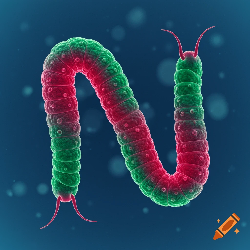 A segmented worm-like creature, half red and half green, curled into the shape of an N against a blue background.