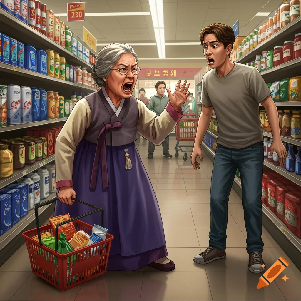Detailed illustration of an angry elderly woman in traditional Korean clothes yelling at a young man in a grocery store aisle.