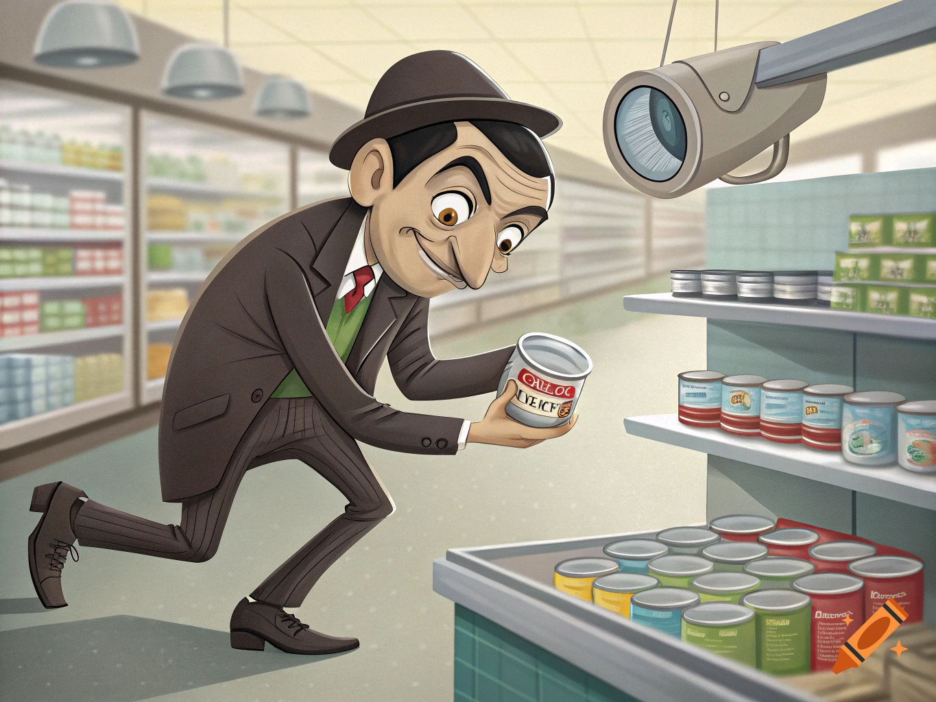 Cartoon illustration of Mr. Bean sneaking in a supermarket holding a can.