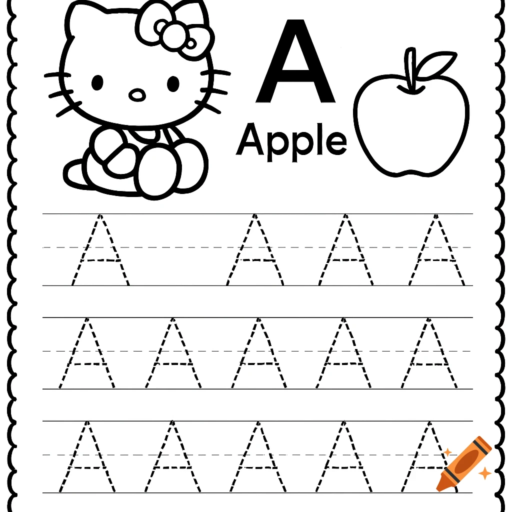 Hello Kitty tracing page for the letter A with an apple