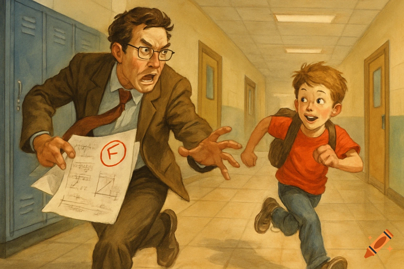 Teacher angrily chases a student down a school hallway, holding a paper with an F grade.