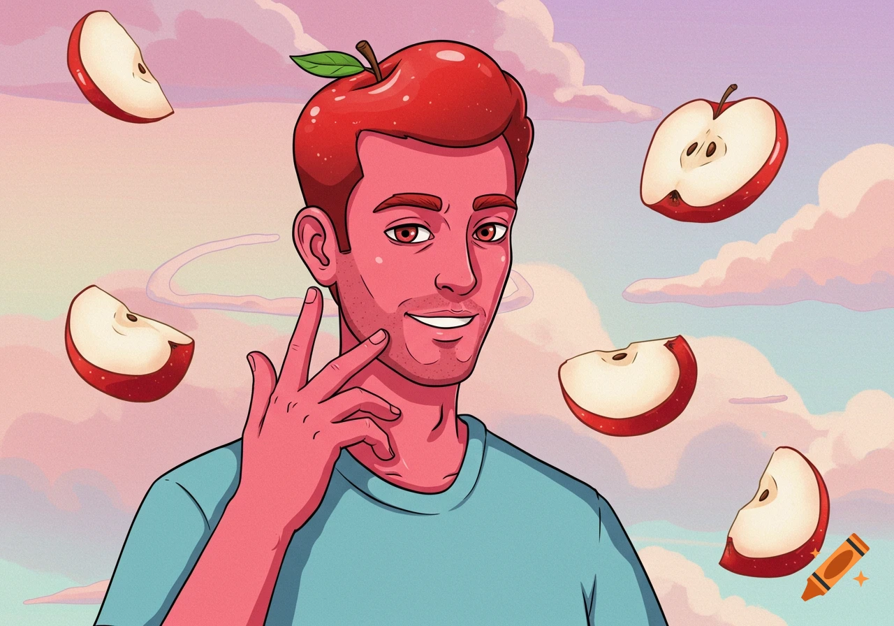 Stylized illustration of a man with an apple on his head and floating apple slices in a cloudy sky