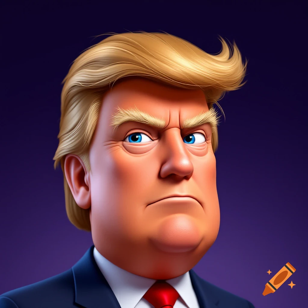 Cartoonish portrait of Donald Trump in a suit against a purple background.
