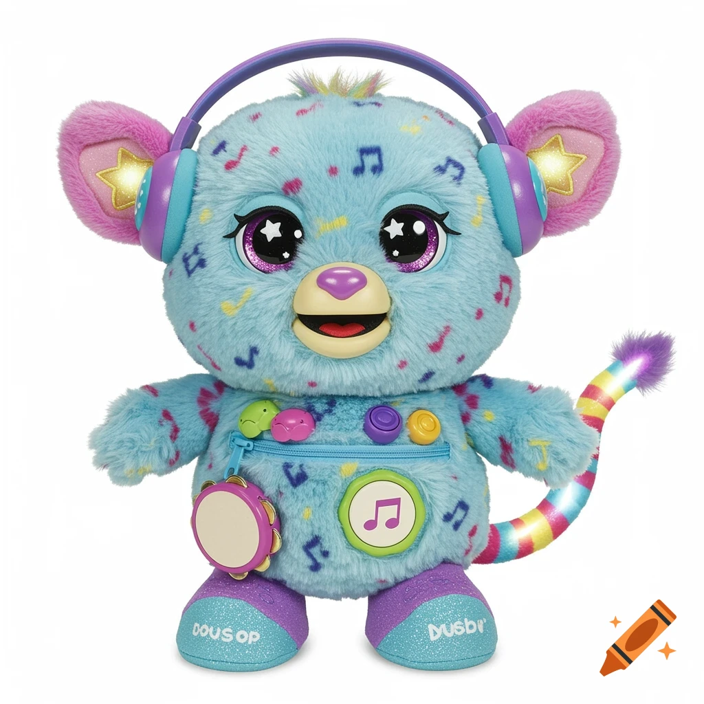 A fluffy blue plush toy with big sparkly eyes, purple headphones, covered in musical notes. It has a zippered belly, a tambourine attached, a light-up rainbow tail, and purple feet with text.