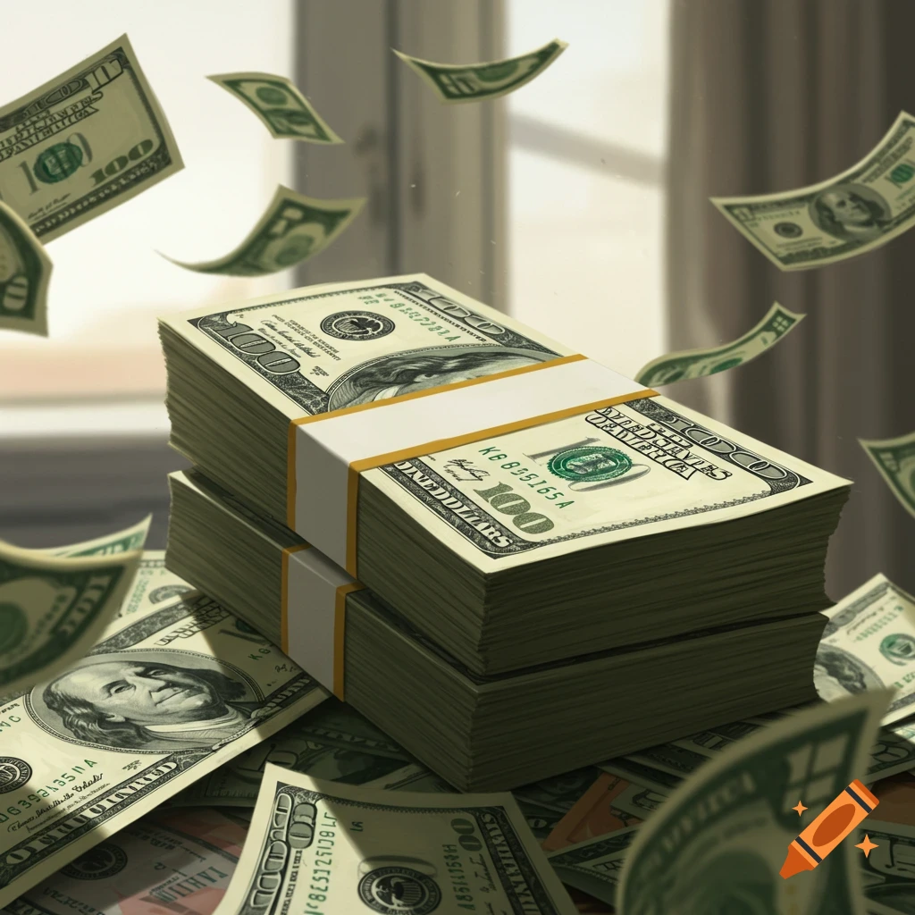Stacks of 100 dollar bills with more bills falling and scattered around.