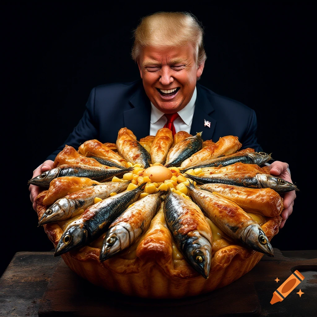 Donald Trump laughing while holding a large stargazy pie with fish heads pointing upwards.