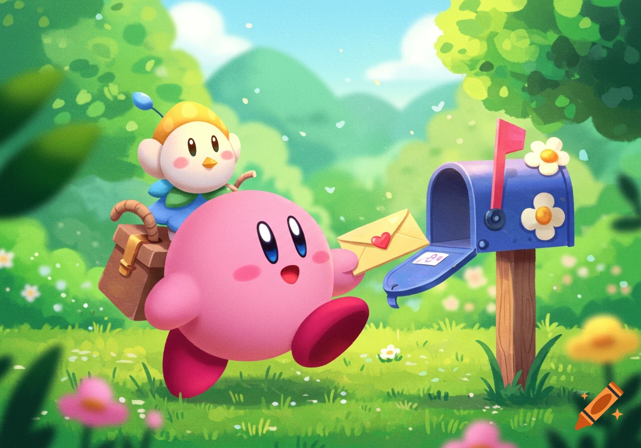 Cartoon illustration of Kirby carrying a letter with a bird character on his back, next to a blue mailbox in a sunny field.