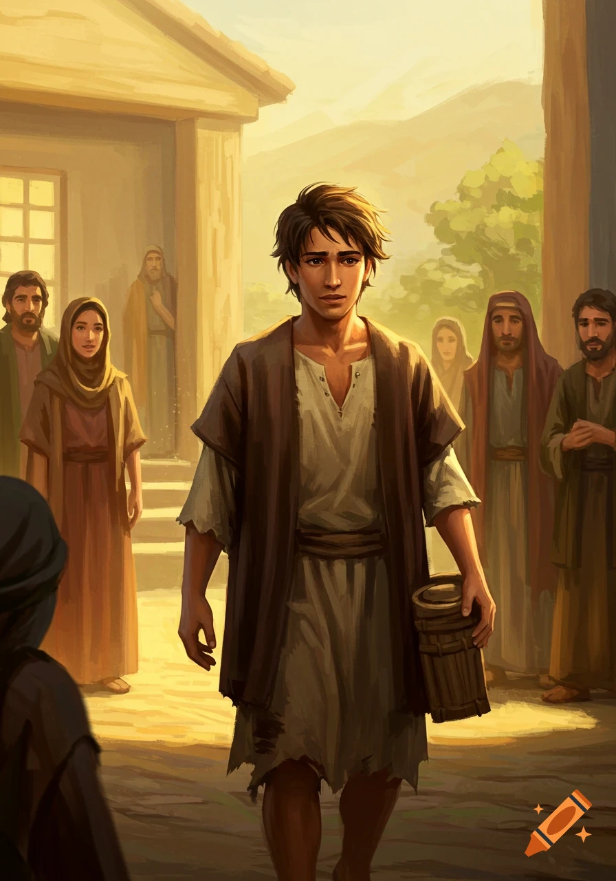 A painted illustration of a young man carrying a bucket, walking towards a group of people in an ancient village scene.