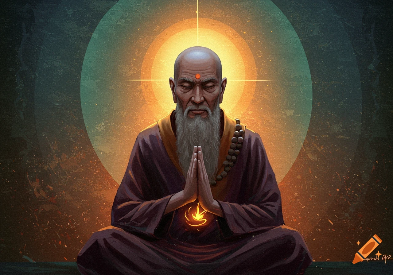 Painted illustration of an elderly monk meditating with hands clasped, surrounded by a glowing light.