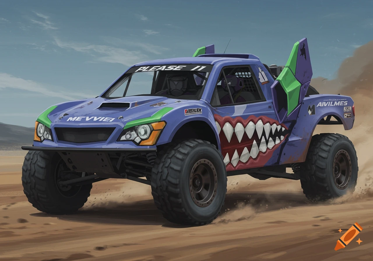 A purple and green off-road race truck inspired by Evangelion Unit 01 with a shark mouth decal in a desert.